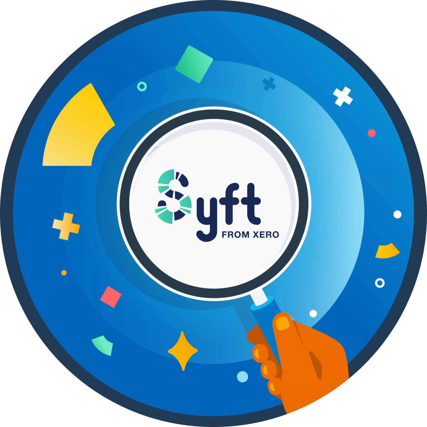 Hand holding a magnifying glass over ‘Syft from Xero’ logo